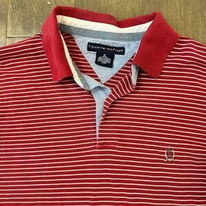Vintage Tommy Hilfiger Men's XL Red Striped Short Sleeve Polo Shirt‎